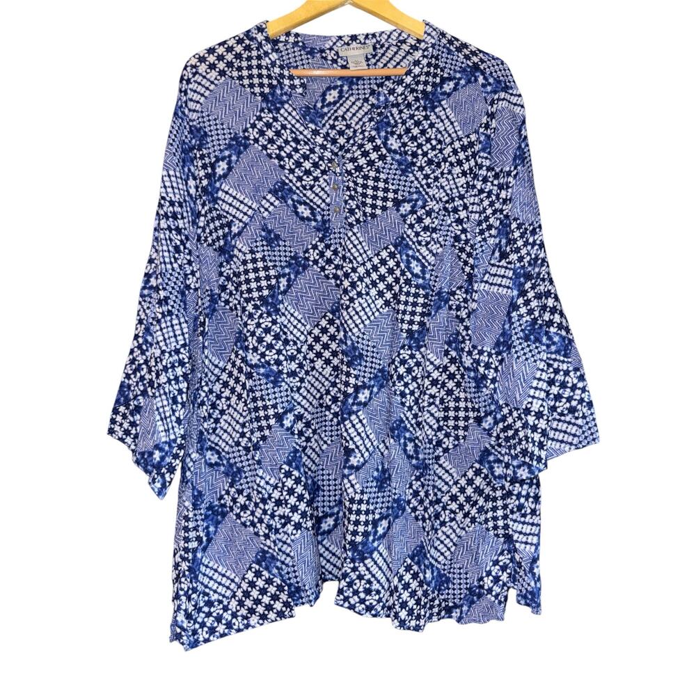 Cathrines‎ Patchwork Peasant Top Women's 2X Boho Relaxed Hippie 3/4 Sleeve Blue